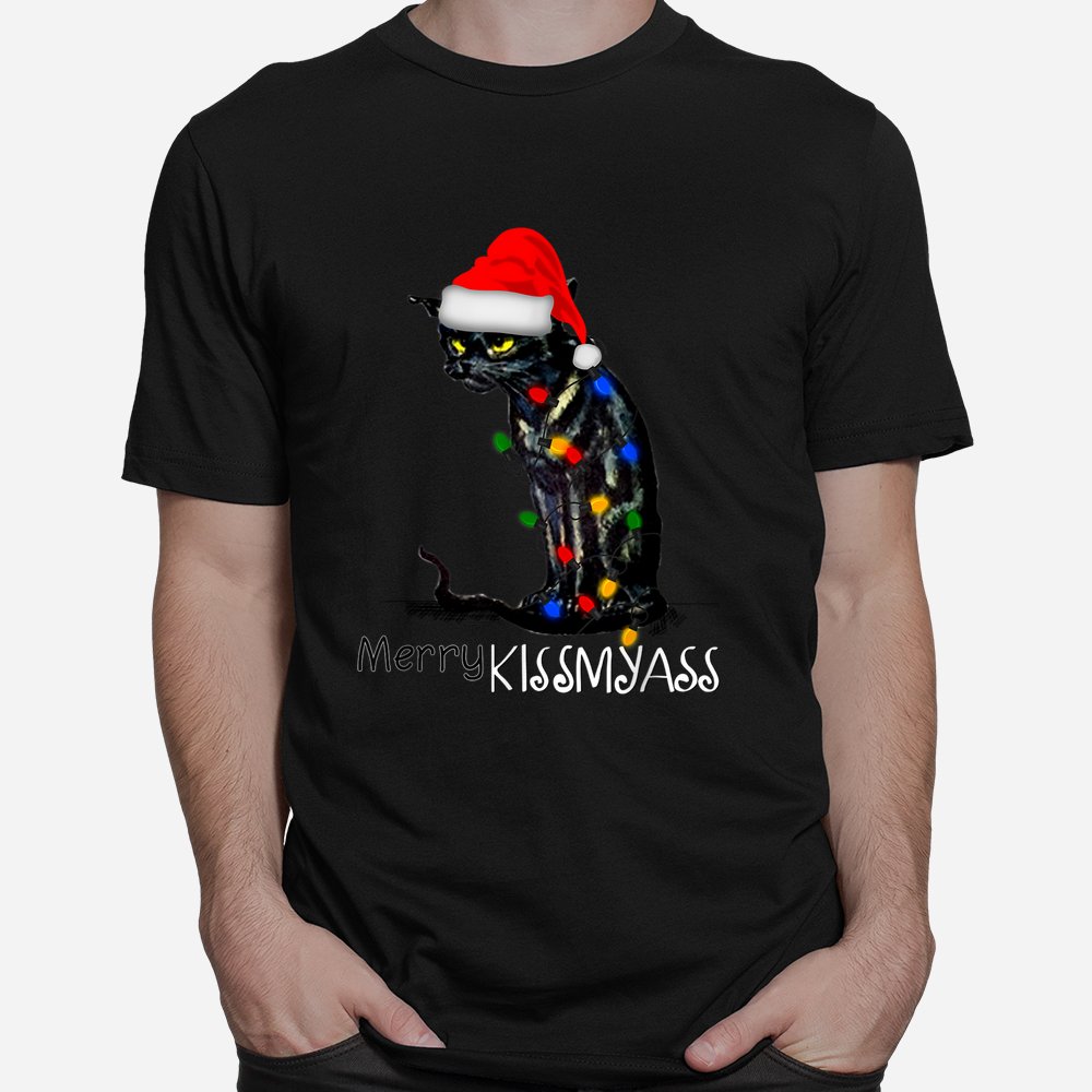 Black Cat Merry Kissmyass Xmas Chritsmas Shirt