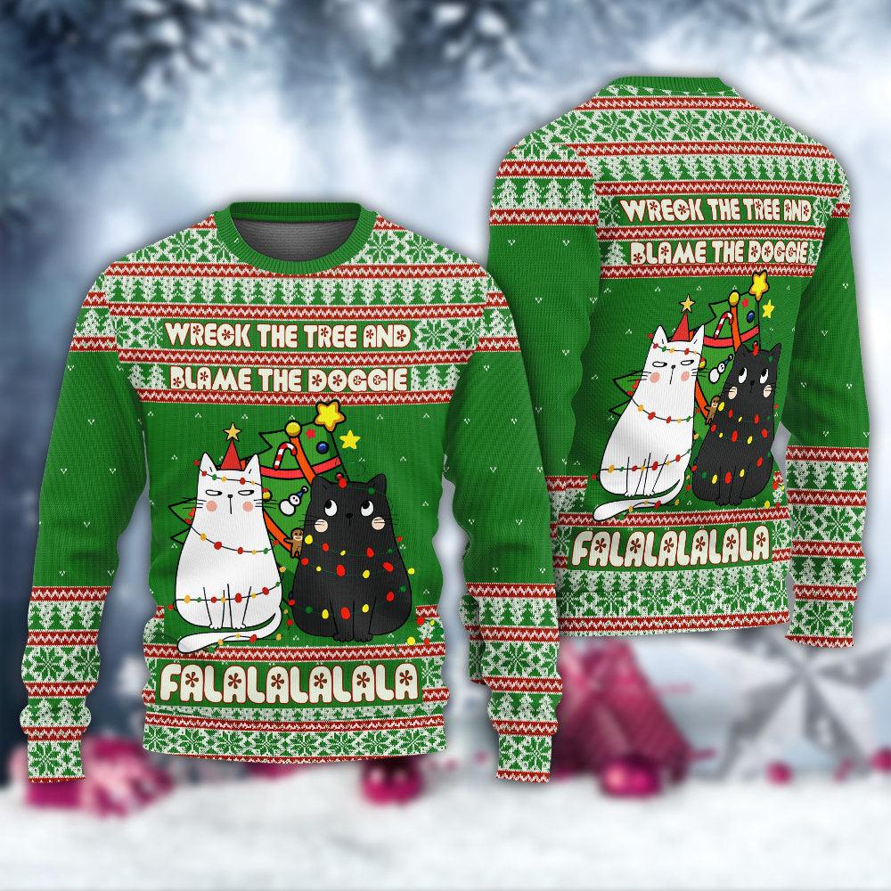 Cat Wreck The Tree Meowy Christmas Ugly Sweater