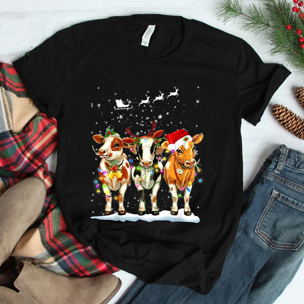 Cow Reindeer Santa Hat Christmas Light Funny Cows Shirt