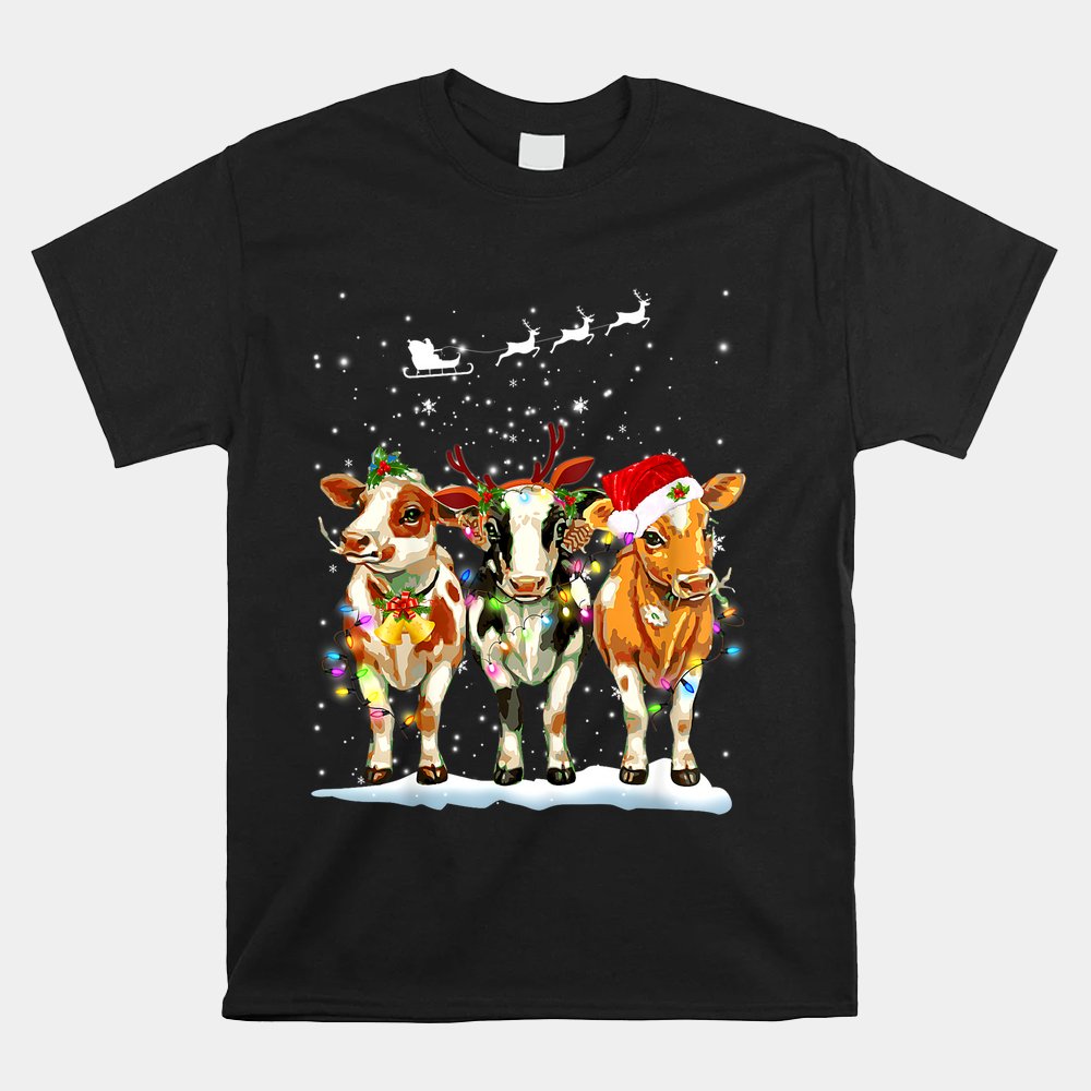Cow Reindeer Santa Hat Christmas Light Funny Cows Shirt