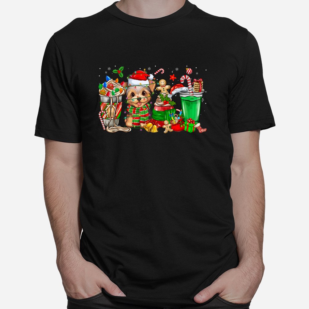 Cups Of Iced Coffee Yorkie Dog Christmas Tree Lights Shirt