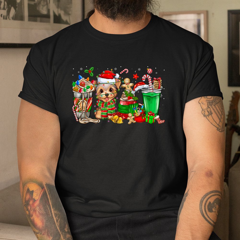 Cups Of Iced Coffee Yorkie Dog Christmas Tree Lights Shirt