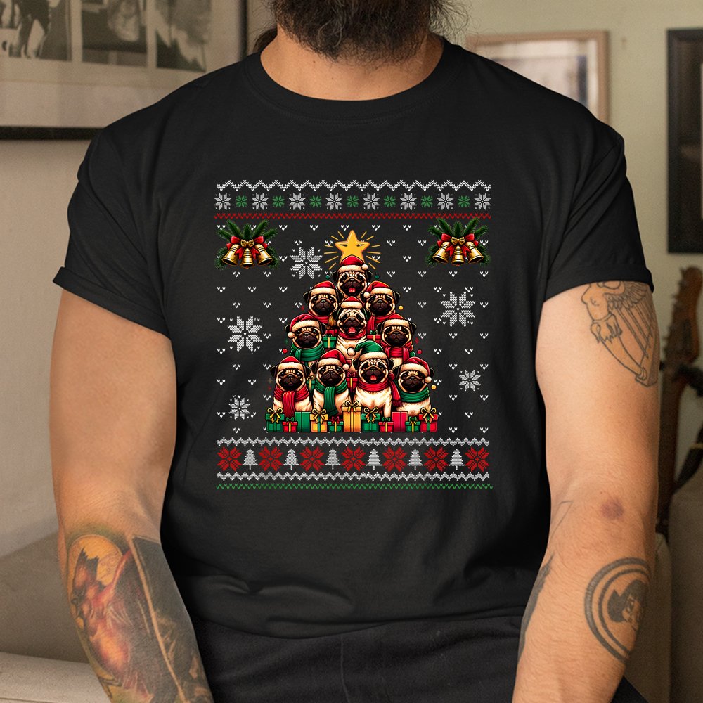 Cute Pug Tree Santa Hat Christmas Shirt