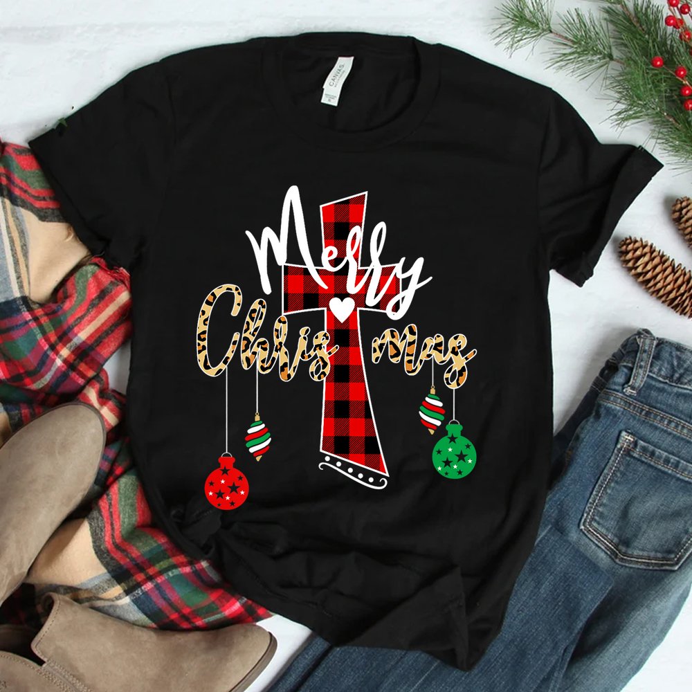 Merry Christmas God Cross Christian Buffalo Plaid And Leopard Shirt