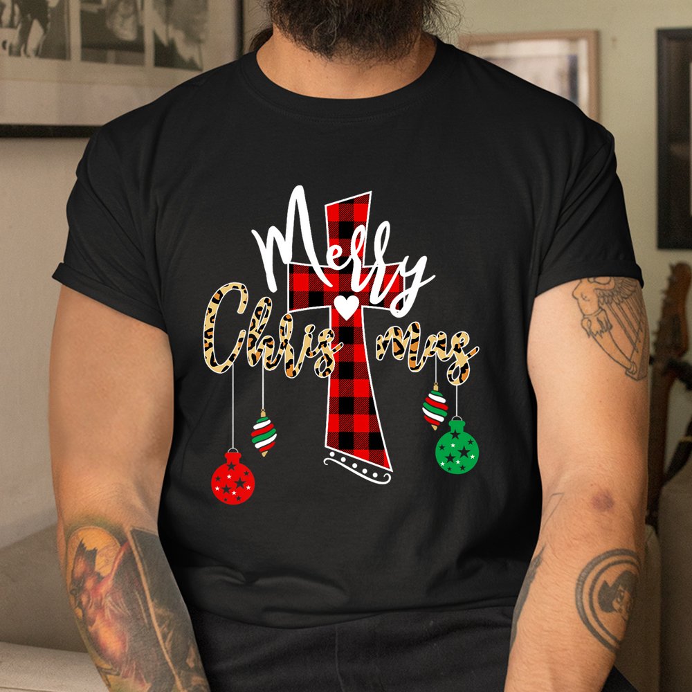 Merry Christmas God Cross Christian Buffalo Plaid And Leopard Shirt