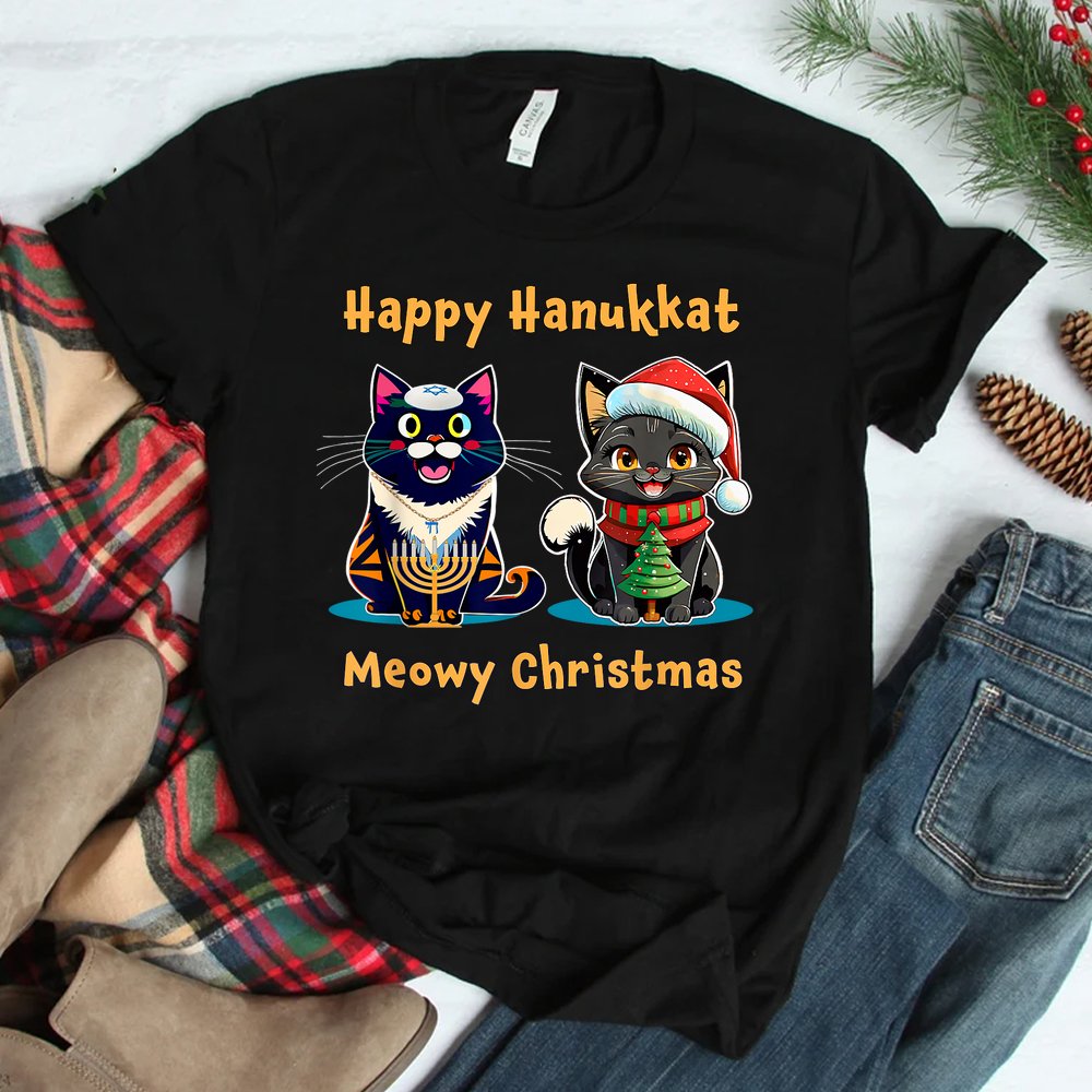 Merry Christmas Happy Hanukkah Jewish Christian Cat Shirt