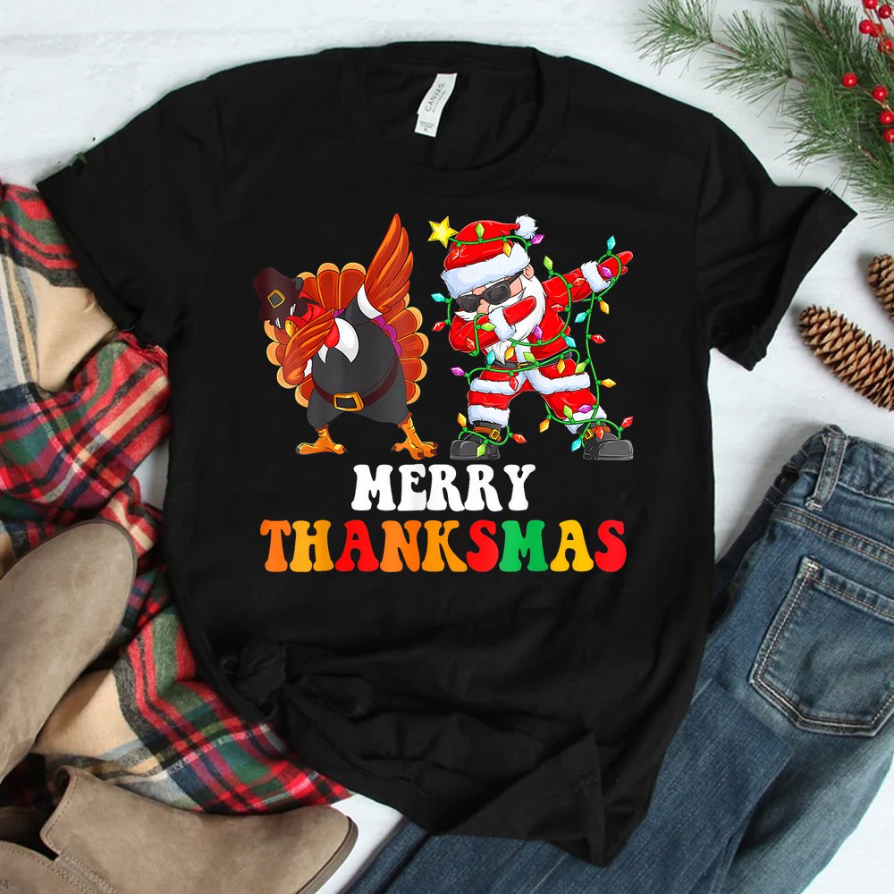 Merry Thanksmas Turkey With Pilgrim Hat Santa Shirt