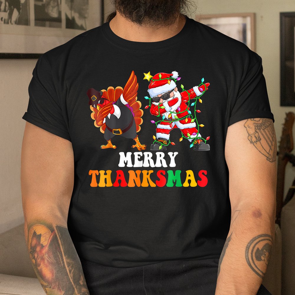 Merry Thanksmas Turkey With Pilgrim Hat Santa Shirt