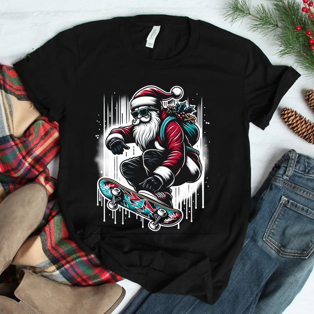 Skater Santa Christmas Skateboard Street Art Cool Holidays Shirt