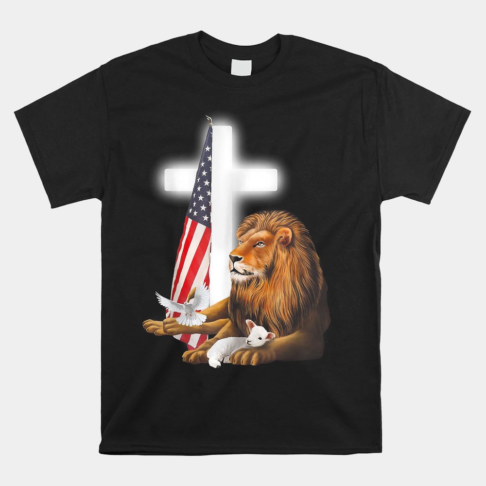 Lion And Lamb Cross Sheep Dove America Flag Shirt